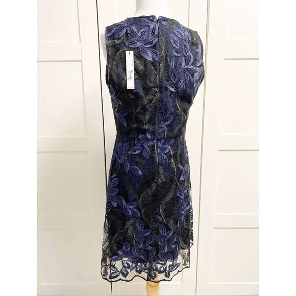 T Tahari Wortha Lace Velvet Dress Size 6 Blue Black Metallic Sparkle Illusion - Picture 3 of 5